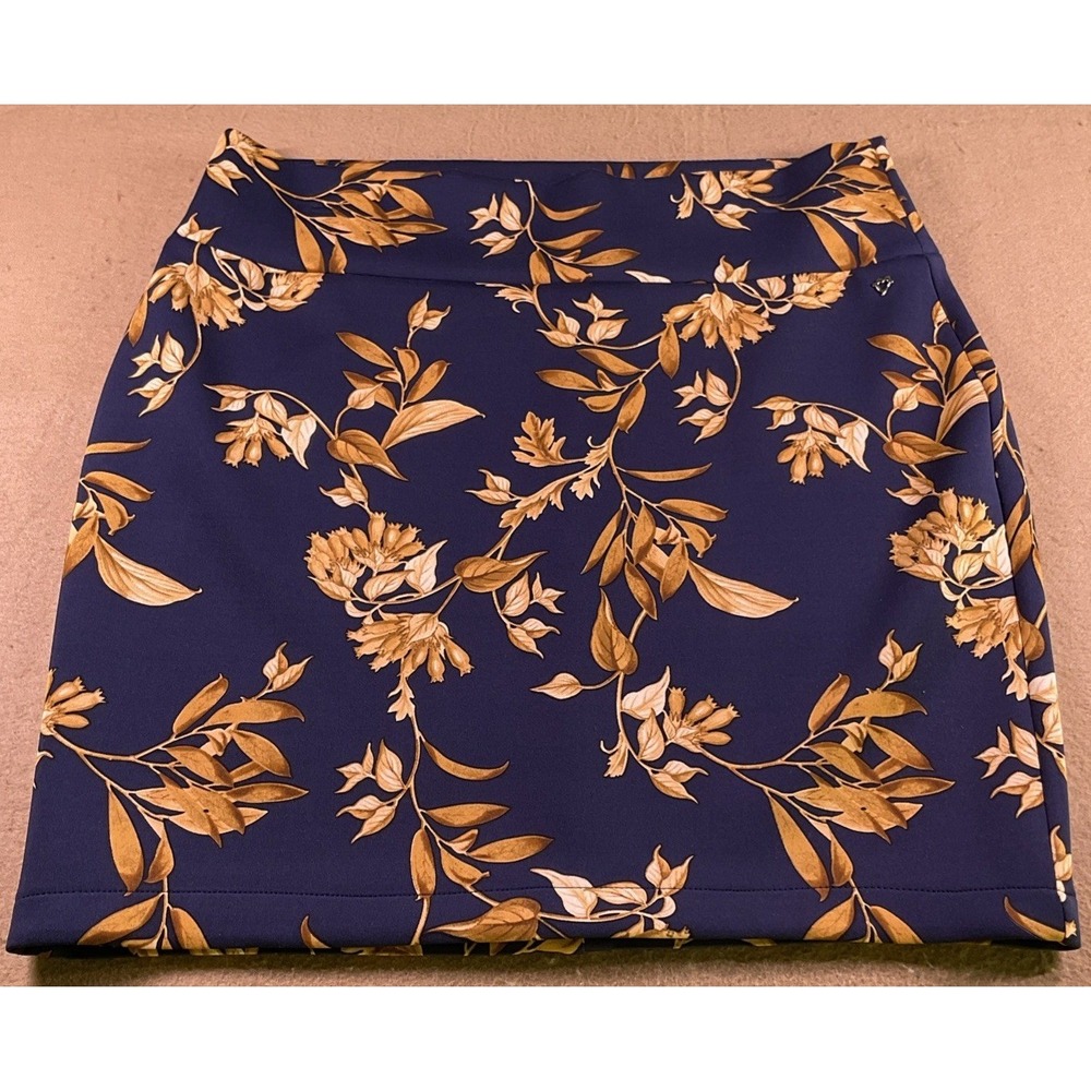 Thalia Sodi Womens XL Navy Blue Gold Floral Scuba Knit Mini Skirt Stretch 42793